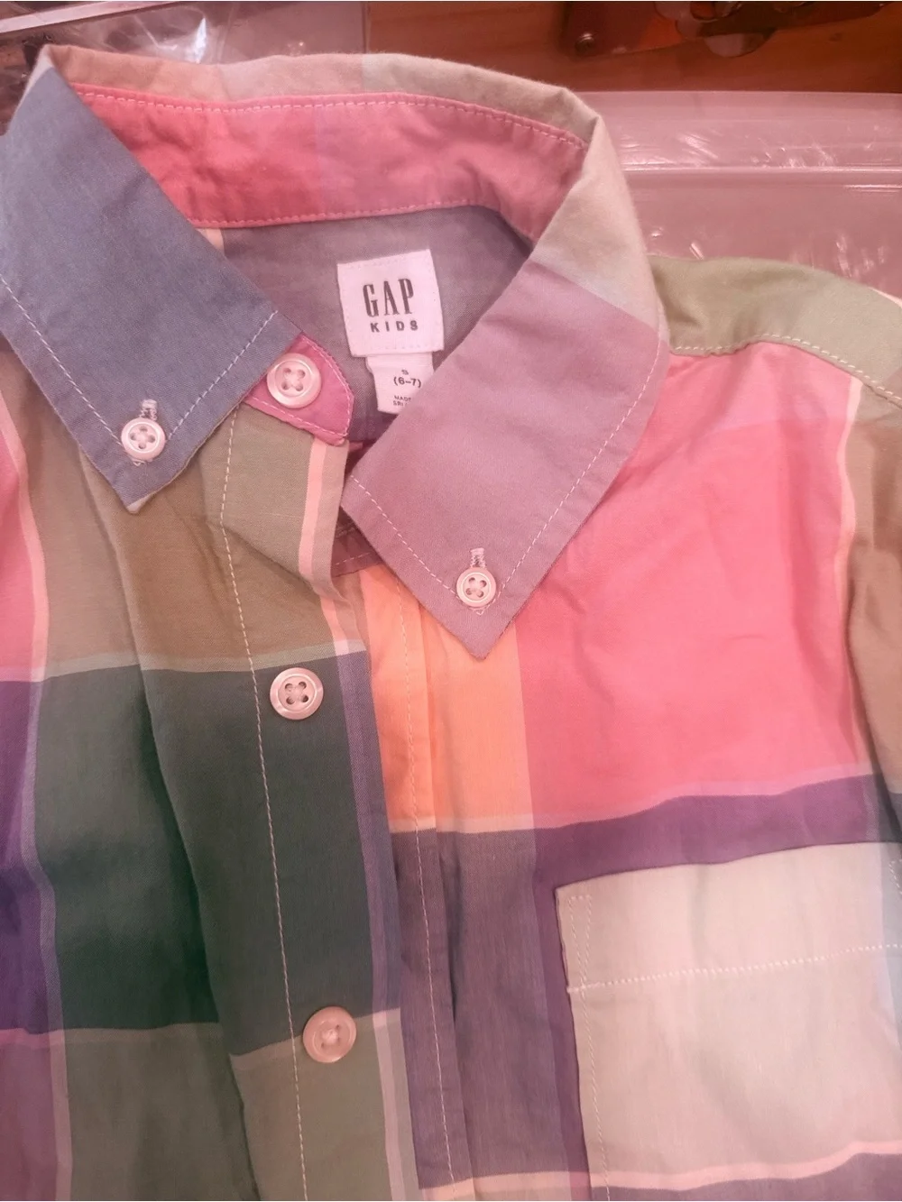 GAP Pastel Plaid Button-Down Shirt in Pink, Green, Purple, Cream size 6-7